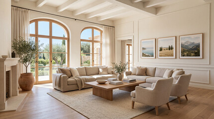 Fototapeta premium Spacious Living Room with Large Arched Windows and Natural Warm Tones