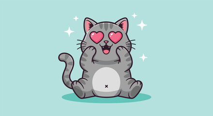 Cute cartoon gray cat with heart eyes and happy expression. © Caroline Studio