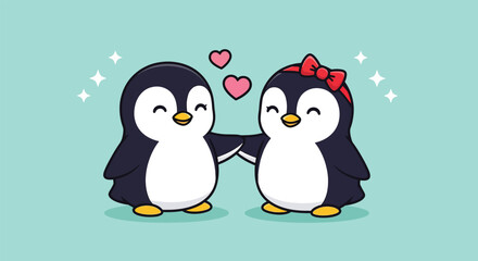 Naklejka premium Cute cartoon penguins couple in love with hearts.