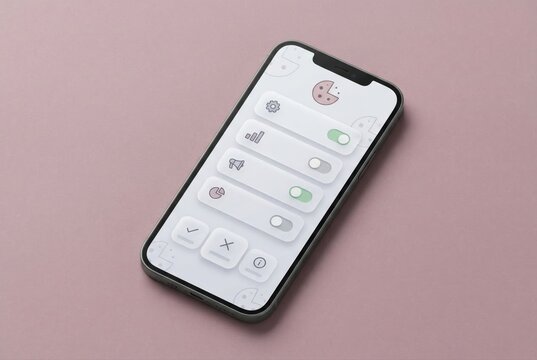 Streamlined smartphone interface displayed on a soft pink backdrop showcasing interactive icons and customizable settings for enhanced user experience and modern aesthetics