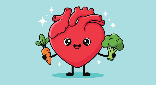 Cute Cartoon Heart Character Holding Carrot and Broccoli for Healthy Lifestyle Concept.