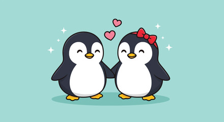 Naklejka premium Cute Penguin Couple in Love Holding Hands Cartoon Illustration.