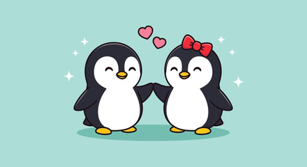 Naklejka premium Cute Penguin Couple in Love with Hearts and Bow Cartoon Illustration.