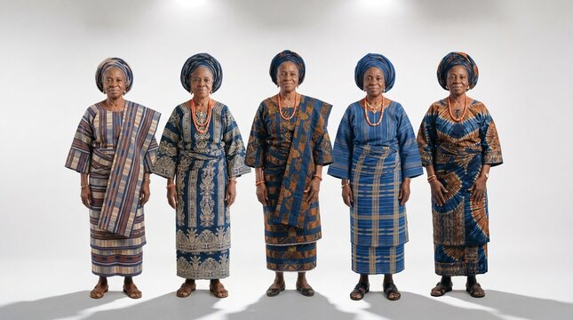 Five identical senior African women in traditional blue and brown patterned attire, geles, and coral beads, standing in a row on a white background.