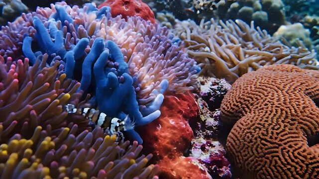 Vibrant Coral Reef Ecosystem with Anemone and Clownfish Underwater Scene.