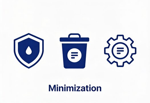 Design elements representing minimization including a shield for protection a waste bin for disposal and a gear for operational efficiency conveying principles of streamlined organization and
