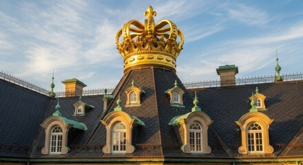 Fototapeta premium Golden royal crown on ornate palace roof against blue sky with clouds