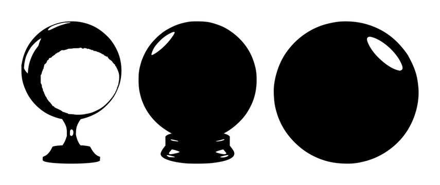 Crystal ball set with single black silhouette on white background featuring crystal ball, silhouette, mystical, black and white with circle and geometry