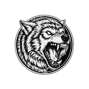 Furious wolf head in circle logo.