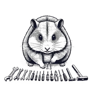 Hamster with tools and equipment.