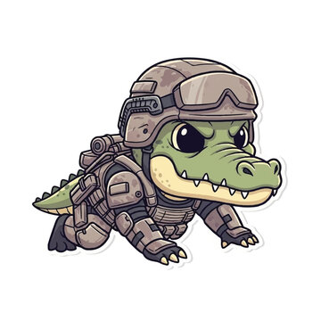 Cartoon crocodile in military gear helmet.
