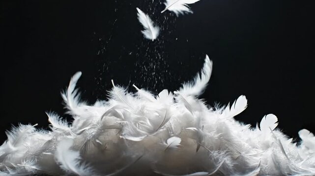 White feathers falling on a soft pile against black background