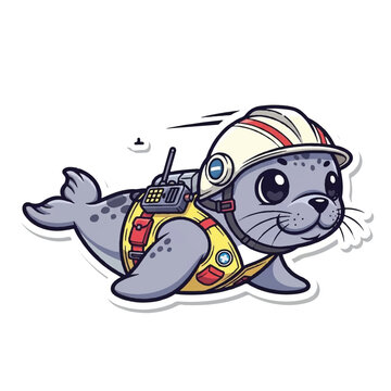 Cartoon seal wearing a helmet.