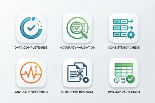 Data quality assurance process icons illustrating data completeness accuracy validation consistency check anomaly detection duplicate removal and format validation in digital analysis