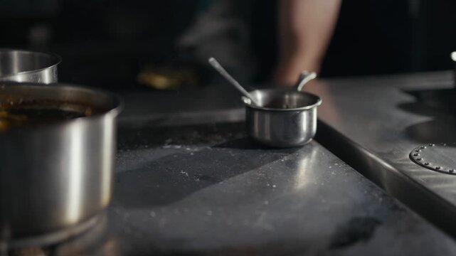 Cook handles food in a professional kitchen. Pan holds frying items on a metal surface. Steam rises from pots on a stainless steel counter. Hands work with utensils, showing active cooking