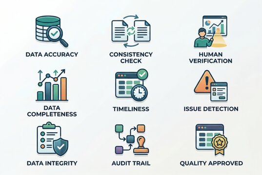 Comprehensive quality assurance process illustrating data accuracy, integrity, completeness, and timeliness with visual elements of human verification and issue detection strengthened through