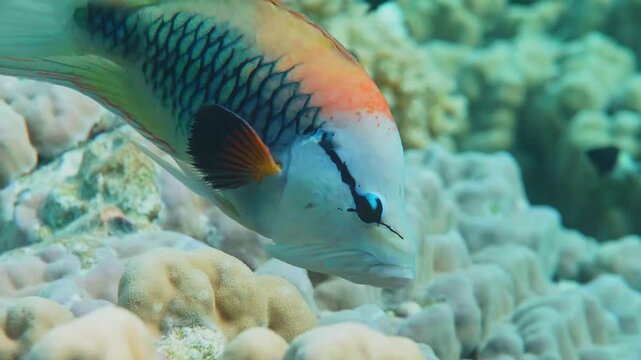 vibrant Slingjaw Wrasse Epibulus insidiator glides gracefully over a colorful coral reef, showcasing its unique jaw protrusion ability.