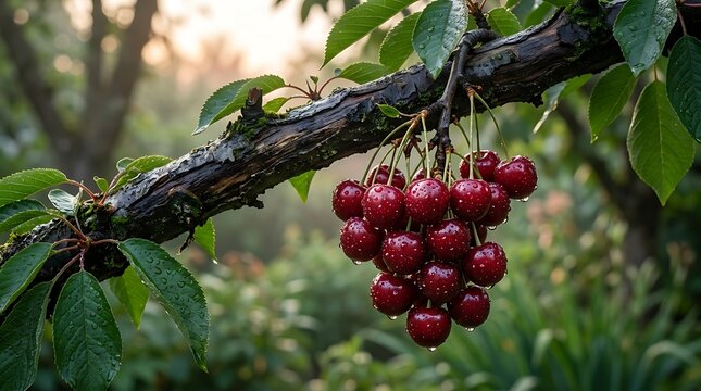 Rangkaian Buah Ceri Merah Segar Tetesan Embun Pagi di Cabang Pohon, Pemandangan Alam Tropis yang Menyegarkan