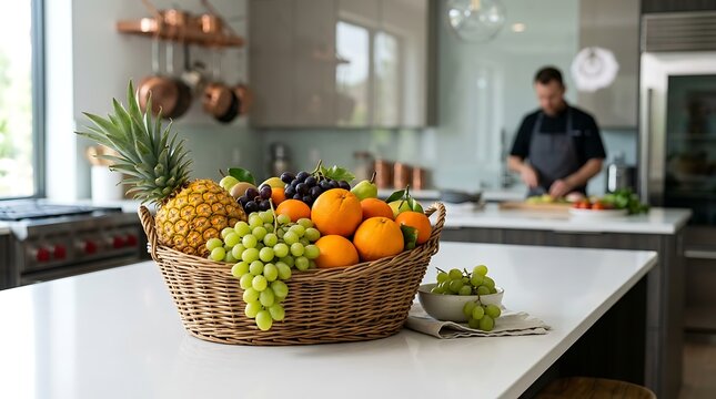 Sajian Buah Segar Berlimpah dalam Keranjang Rotan di Dapur Modern Siap Disajikan Chef Profesional