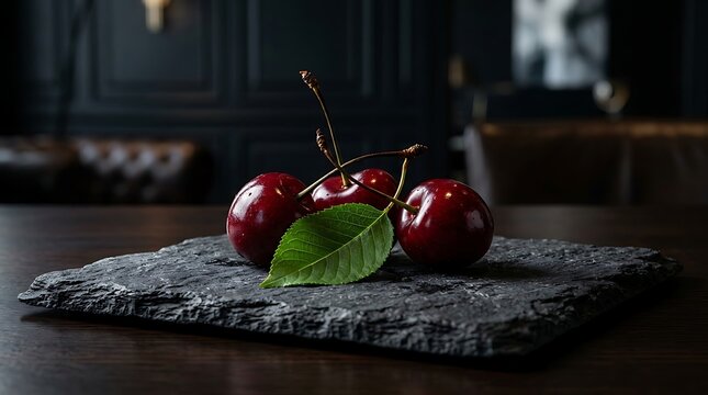 Sajian Ceri Segar Merah Mengkilap Disajikan di Atas Batu Lempeng dengan Daun Hijau Segar, Suasana Elegan