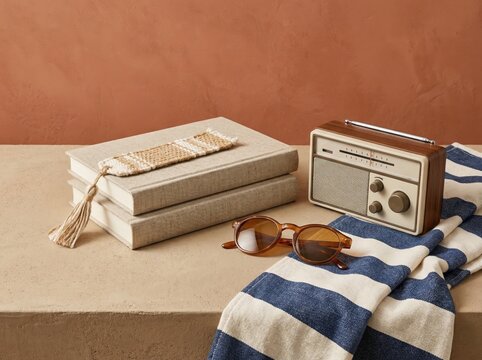 Invigorating vintage summer aesthetic with neatly stacked linen covered books, retro radio, stylish sunglasses and striped fabric exuding a relaxed vibe and rustic charm