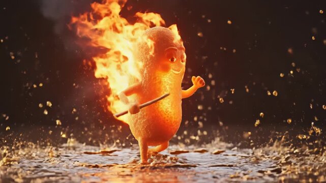 Flaming cartoon character in water fire.