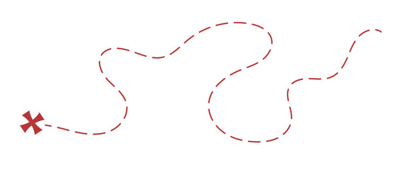 Treasure map element. A dashed line and red X mark ink on the map, the treasure map with a dotted line, X marks the spot, dashed line trail to an X on the left © Kim Phuong Art