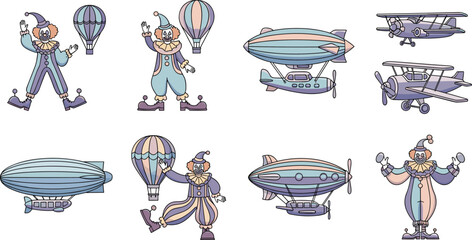 Vintage circus clowns and airships illustration set, retro aviation and carnival characters including hot air balloons, blimps, and biplanes in flat vector style © Jahangir