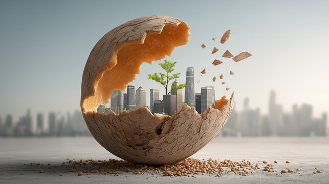 A cracked, textured sphere resembling an eggshell beautifully reveals a vibrant cityscape and a single green tree within, against a blurred urban background.