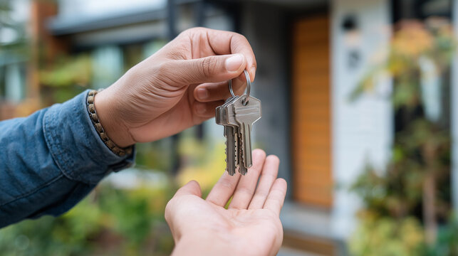 A hand in a denim jacket presents a set of house keys to an open palm outside a modern residence.