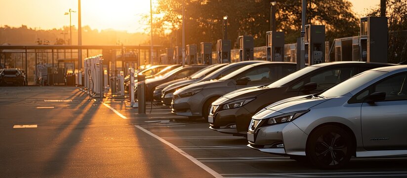 A row of electric Nissan Leafs are parked at a charging station bathed in the warm glow of the setting sun, symbolizing the shift towards sustainable transportation.