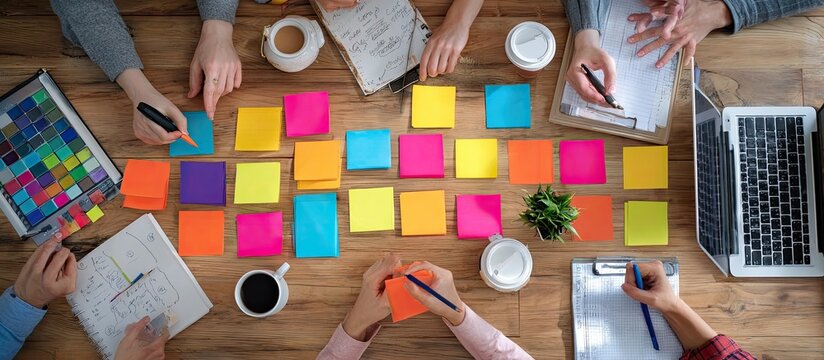 An overhead shot depicts a collaborative brainstorming session with multiple individuals gathered around a wooden table covered in colorful sticky notes, sketches, and a laptop.