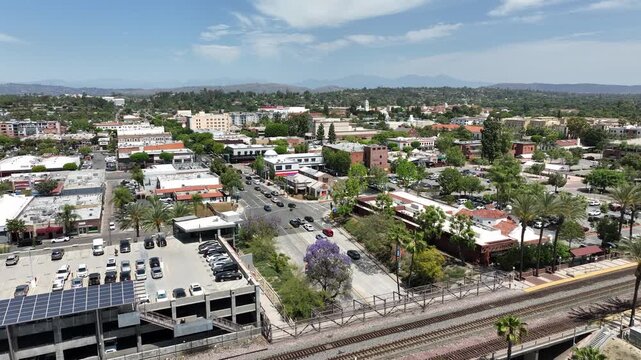 Fullerton, California, USA - Aerial View of Downtown SOCO District Next to Train Tracks on a Busy Street