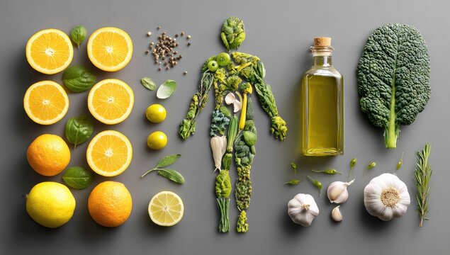 Healthy Human Body Formed by Fresh Fruits and Vegetables.