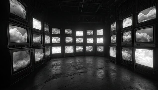 Retro Television Screens Displaying Abstract Cloud Imagery in Dark Room.