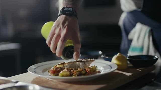 Hand pours olive oil over plated fish. Dishes appear fresh, home-cooked, and appetizing. Person wears casual attire, focused on seasoning. Food presentation suggests careful, personal preparation
