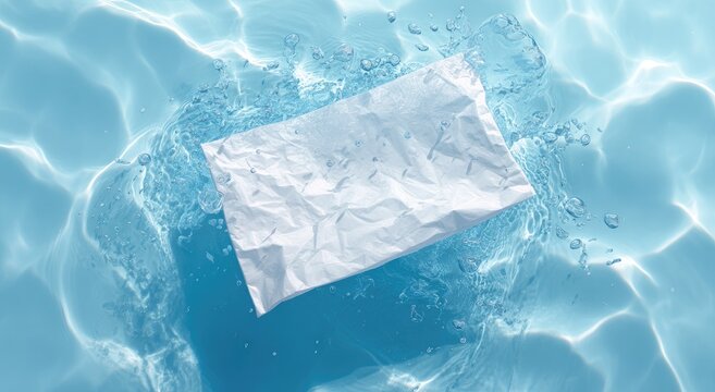 A crumpled white paper floats serenely on the surface of clear blue water, creating a striking contrast and suggesting themes of fragility and impermanence.