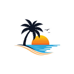 Obraz premium Tropical Beach Sunset Palm Tree Silhouette.
