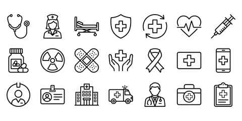 Healthcare and medical icons set with stethoscope nurse hospital ambulance awareness ribbon first aid healthcare © Shahina