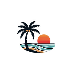 Obraz premium Stylized Tropical Beach Sunset with Palm Tree and Ocean Waves.