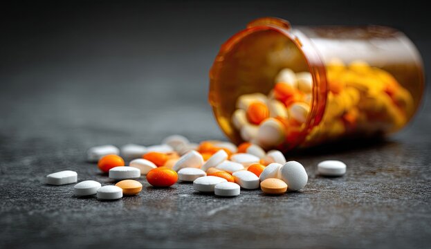 A spilled bottle of prescription pills lies on a dark surface, suggesting potential misuse or accidental overdose.