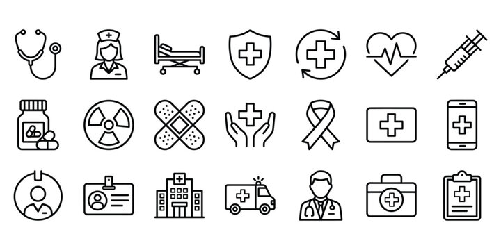Healthcare and medical icons set with stethoscope nurse hospital ambulance awareness ribbon first aid healthcare