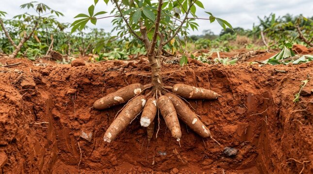 Cassava Plant Roots Exposed in Soil, Agricultural Farming Concept.