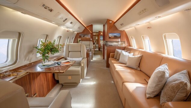 The luxurious interior of a private jet showcases plush seating, a stylish desk area, and expansive windows offering breathtaking aerial views.