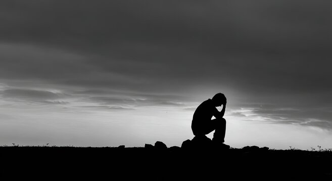 Silhouette of a person sitting alone in despair against a dramatic sky.