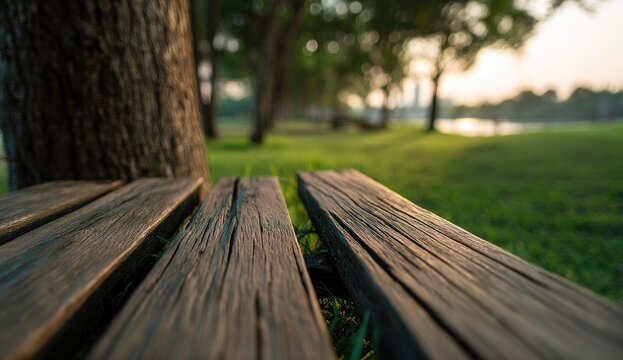 A close-up perspective showcases a weathered wooden park bench nestled beside a large tree, with a blurred background of lush greenery and a tranquil lake.
