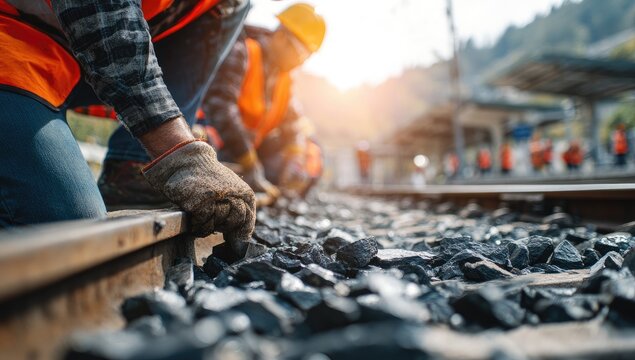 Railway workers meticulously maintain the tracks, ensuring safe passage for trains.
