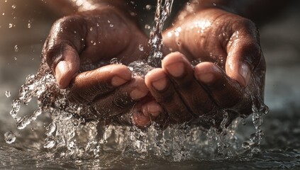 Fototapeta premium Close-up of Cupped Hands Holding Flowing Water in Sunlight.