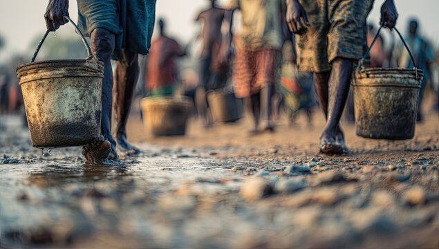 Drought stricken people carrying water buckets in a dry landscape.