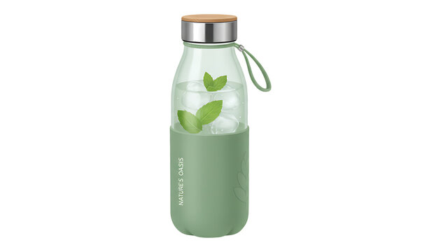 Elegant Green Bottle with Mint Leaves and Wooden Cap in Sleek Sleeve